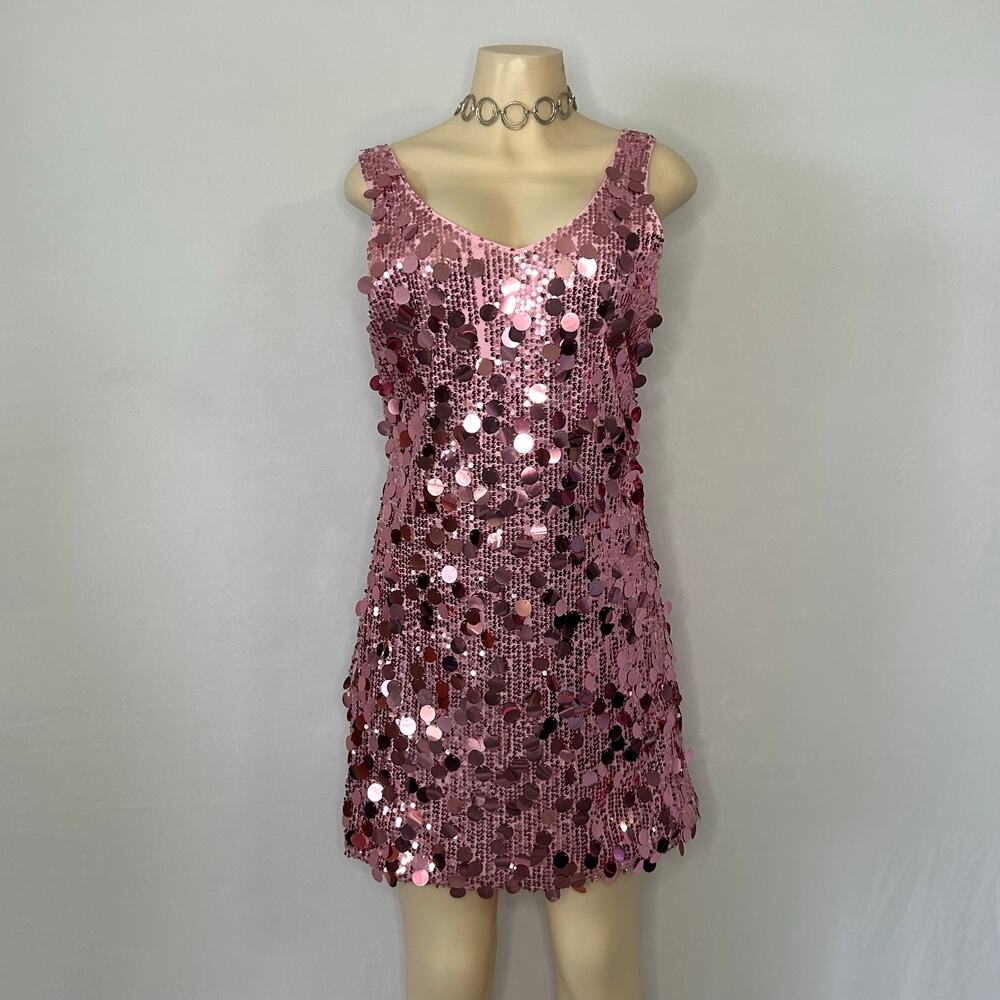 Y2K Pink Sequin Disc Mini Dress Party Club Barbiecore Glam Sleeveless